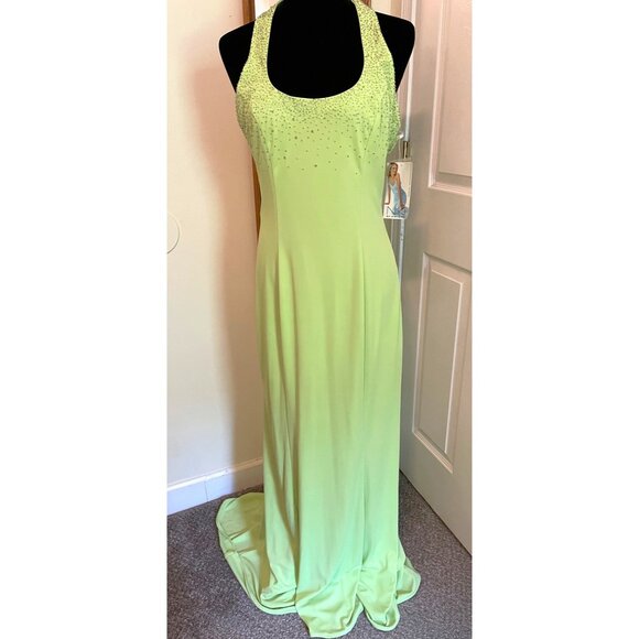 New Niki Livas Lime Green Evening Dress Gown Sz 12 Rhinestone Halter Open Back - Picture 1 of 13